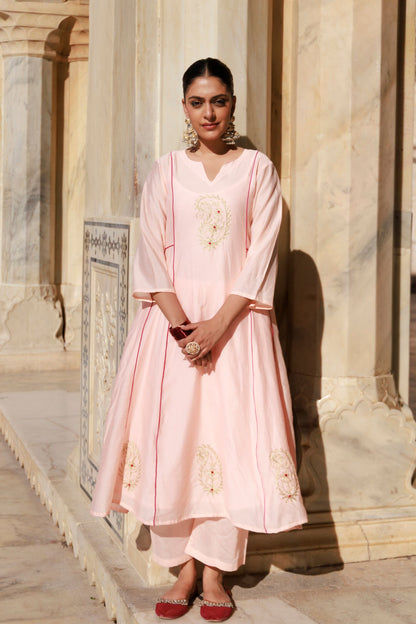 Peach Chanderi Aari Embroidered Anarkali Set