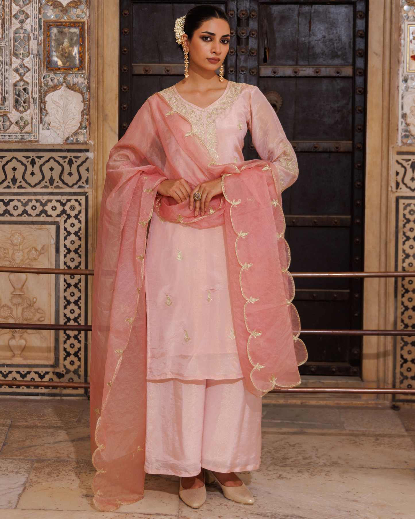 Pink tissue georgette, aari embroidered kurta set