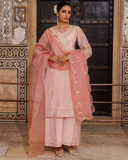Pink tissue georgette, aari embroidered kurta set