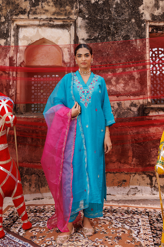 Teal Blue Chanderi Kurta Set with Dual Shade Dupatta.