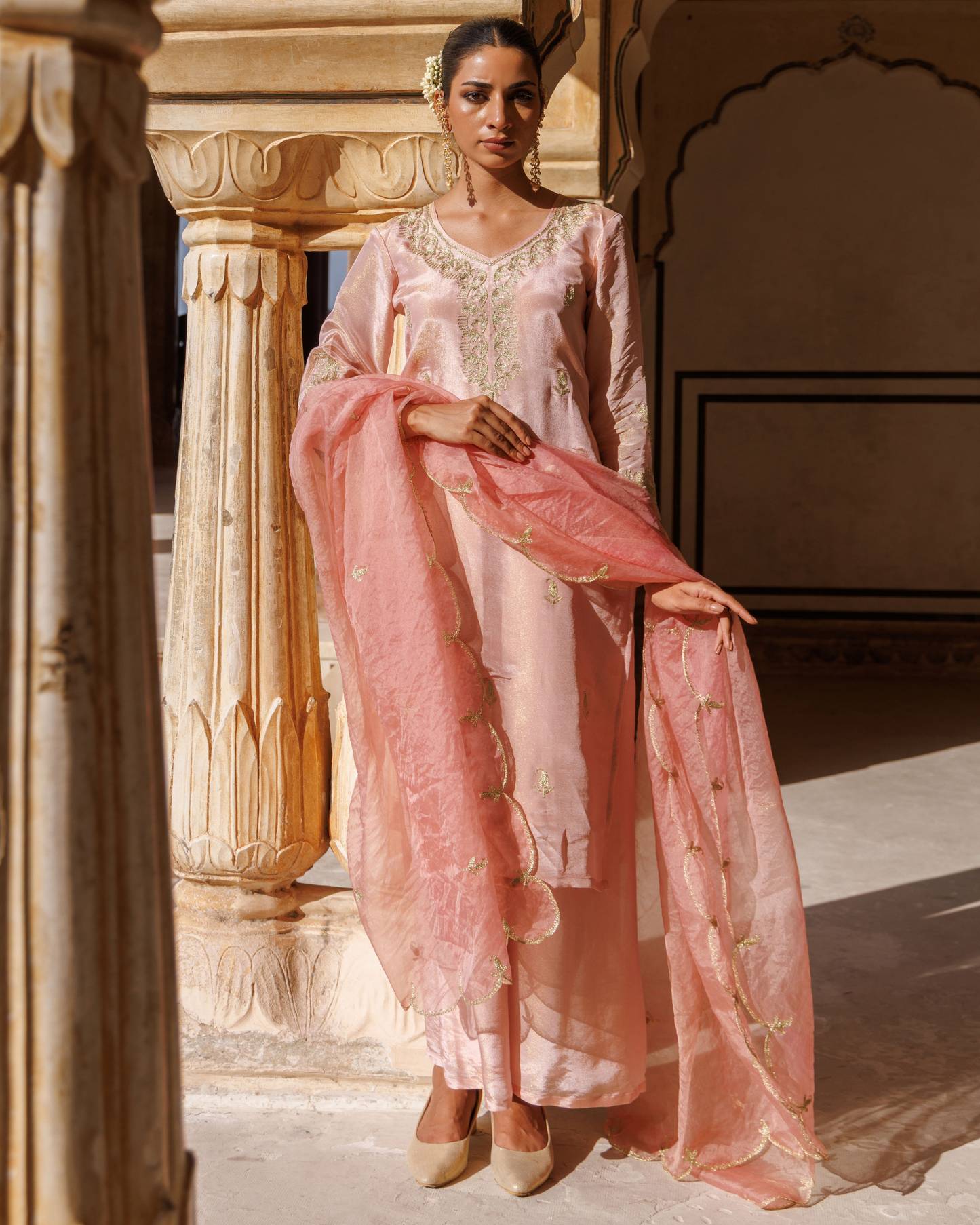 Pink tissue georgette, aari embroidered kurta set