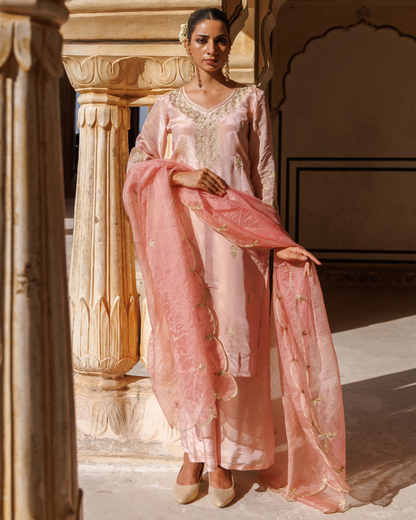 Pink tissue georgette, aari embroidered kurta set
