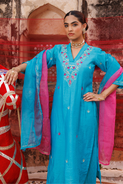 Teal Blue Chanderi Kurta Set with Dual Shade Dupatta.