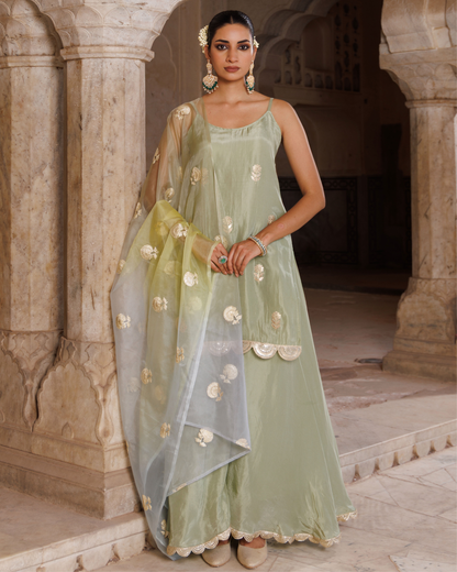 Pastel green silk, embroidered sharara set with seekhiya gota dupatta
