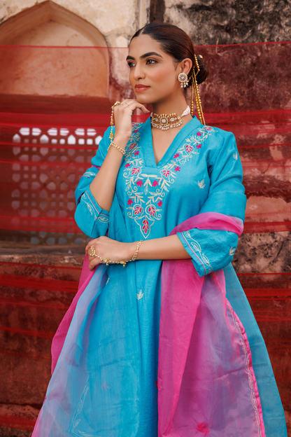 Teal Blue Chanderi Kurta Set with Dual Shade Dupatta.