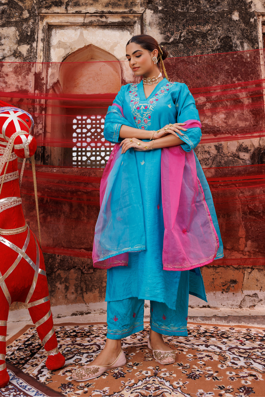 Teal Blue Chanderi Kurta Set with Dual Shade Dupatta.