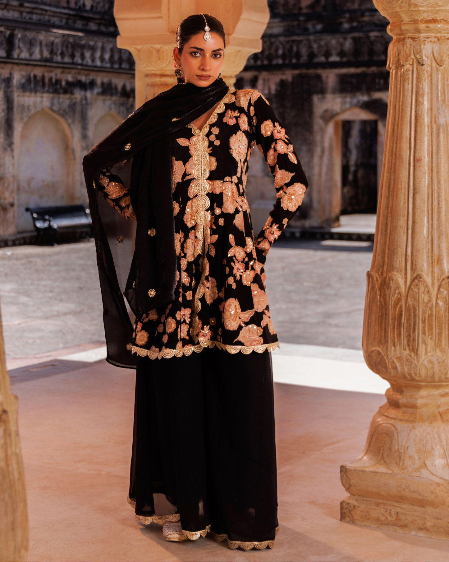 Black ,printed crepe embroidered sharara set