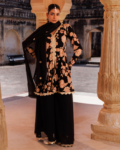 Black ,printed crepe embroidered sharara set