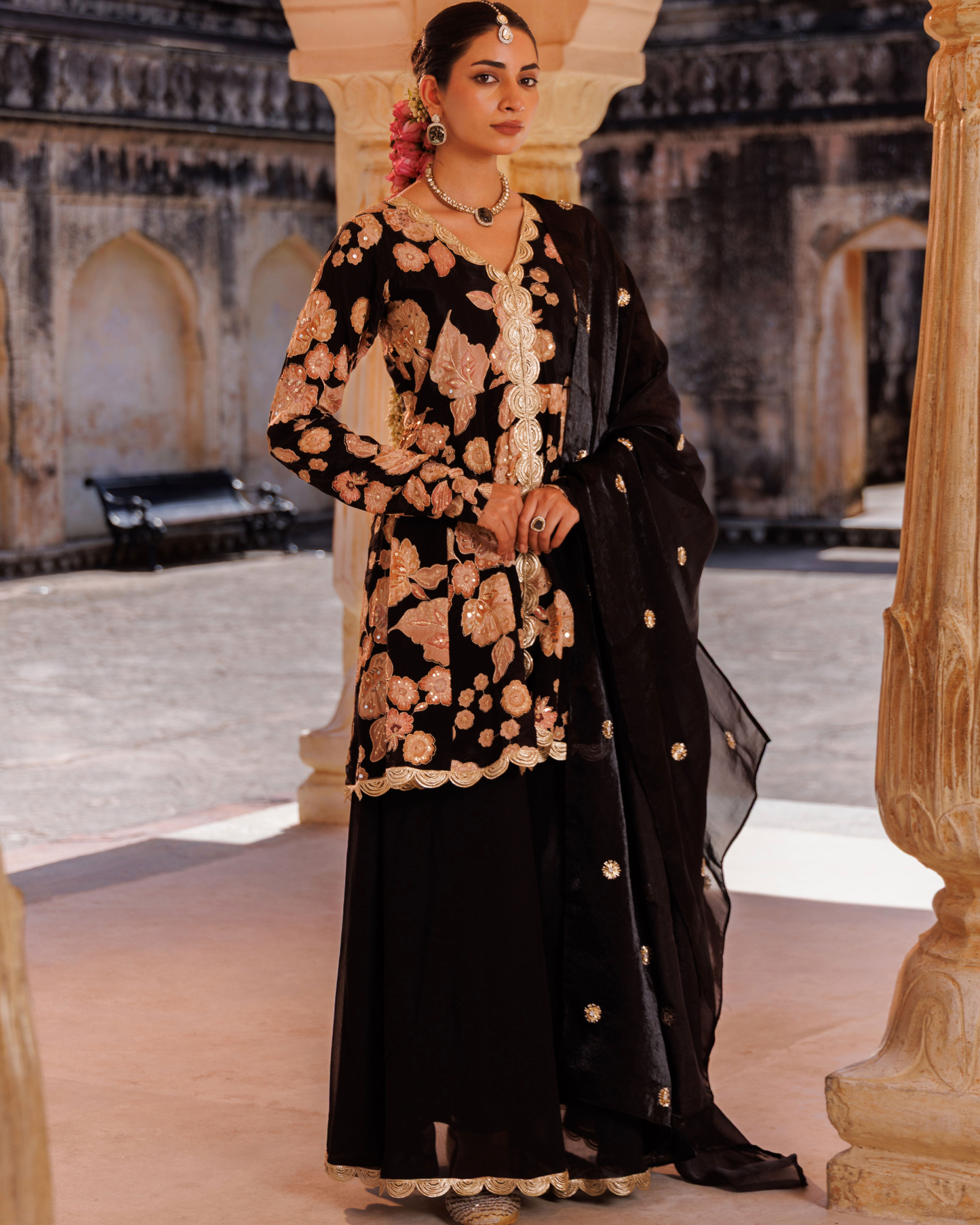 Black ,printed crepe embroidered sharara set