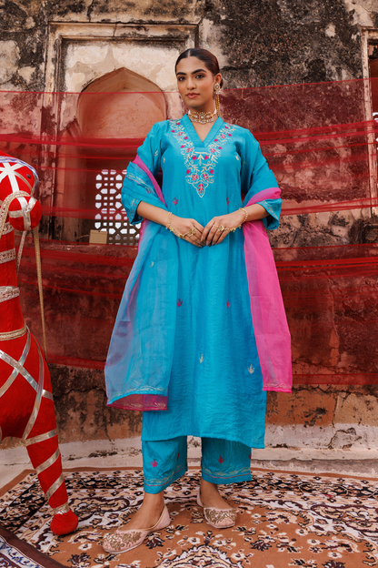 Teal Blue Chanderi Kurta Set with Dual Shade Dupatta.