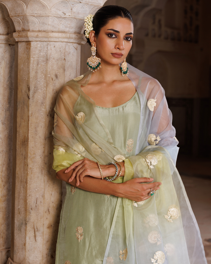 Pastel green silk, embroidered sharara set with seekhiya gota dupatta