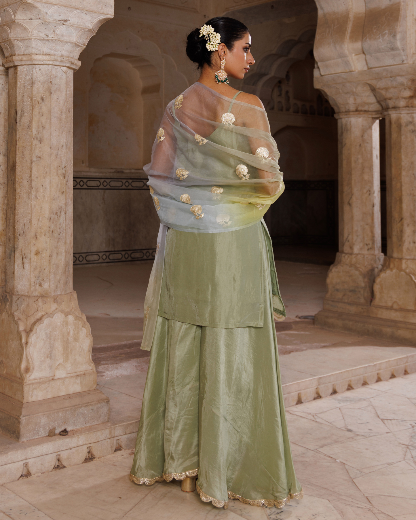 Pastel green silk, embroidered sharara set with seekhiya gota dupatta