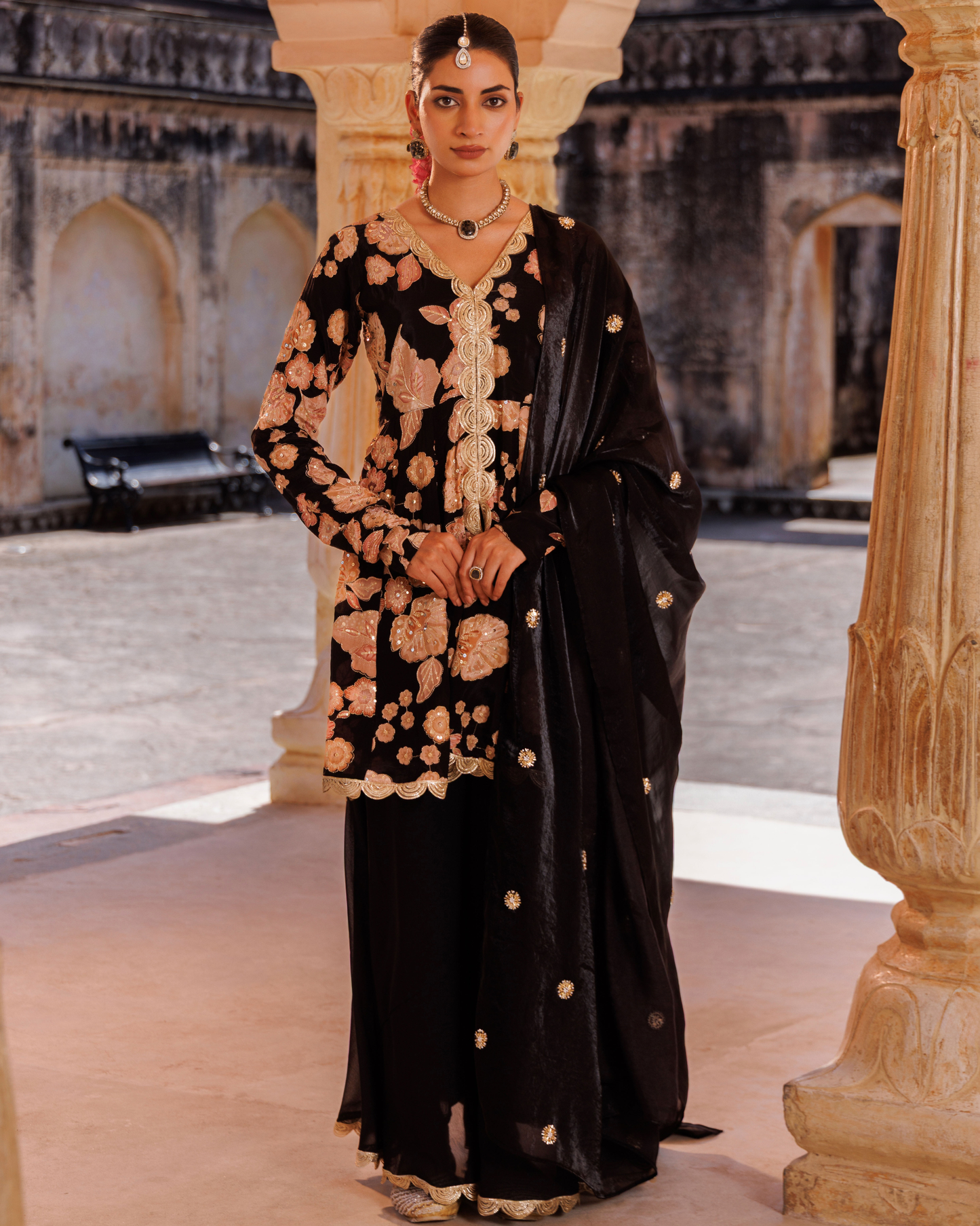 Black ,printed crepe embroidered sharara set