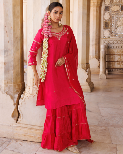 Magenta Silk, hand-embroidered sharara set