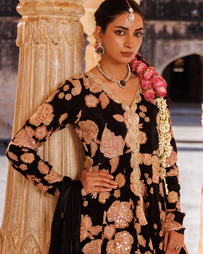 Black ,printed crepe embroidered sharara set
