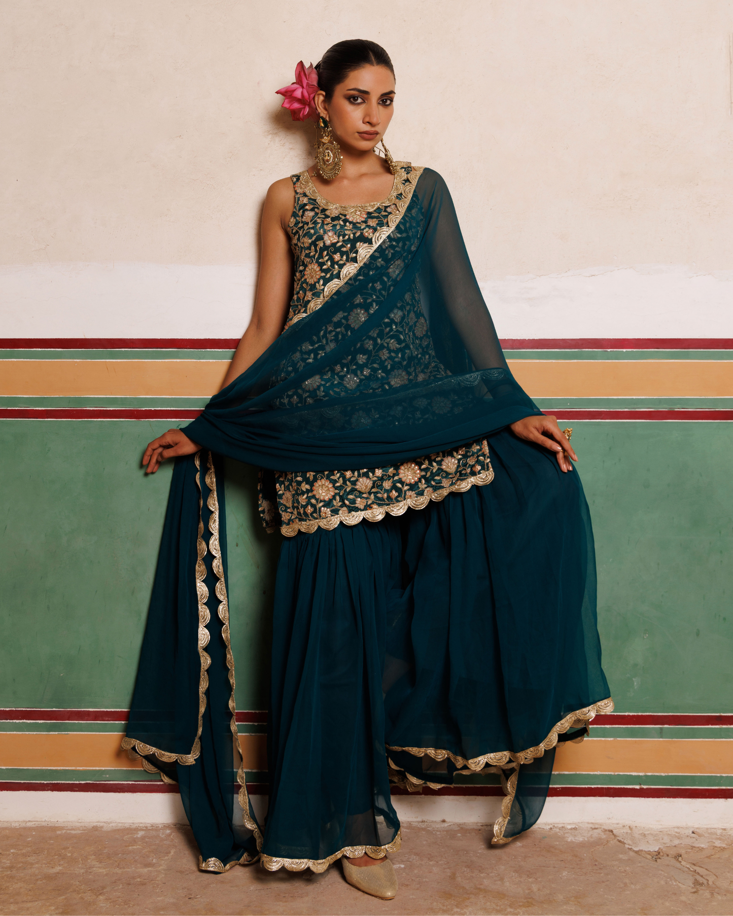 Green crepe, embroidered sharara set