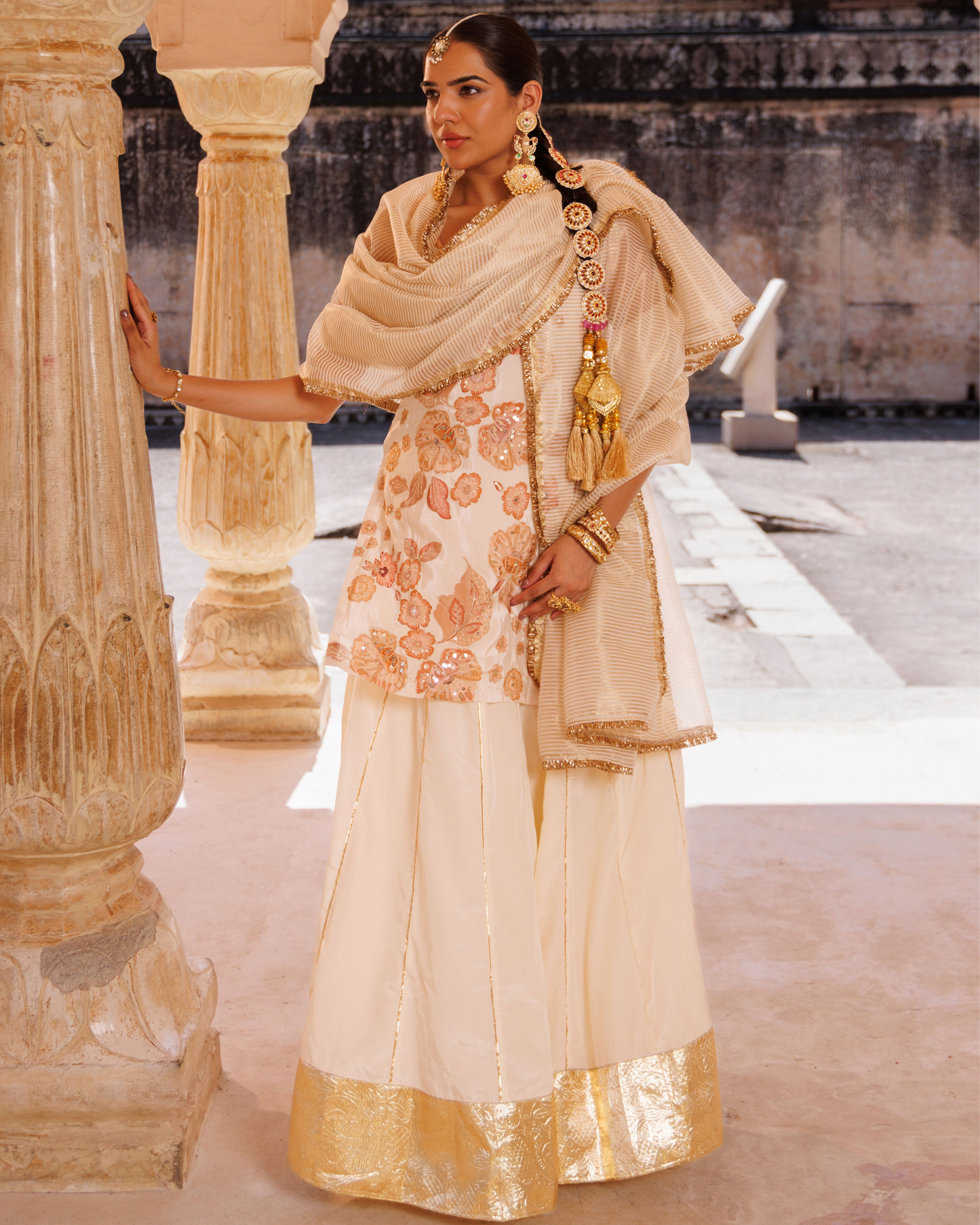 Ivory, printed crepe embroidered skirt set