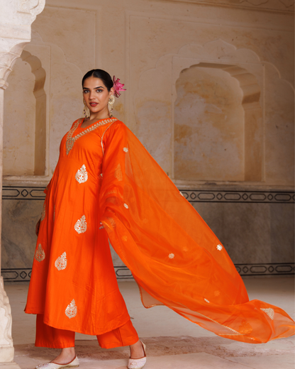 Orange cotton silk, gota patti work kurta set