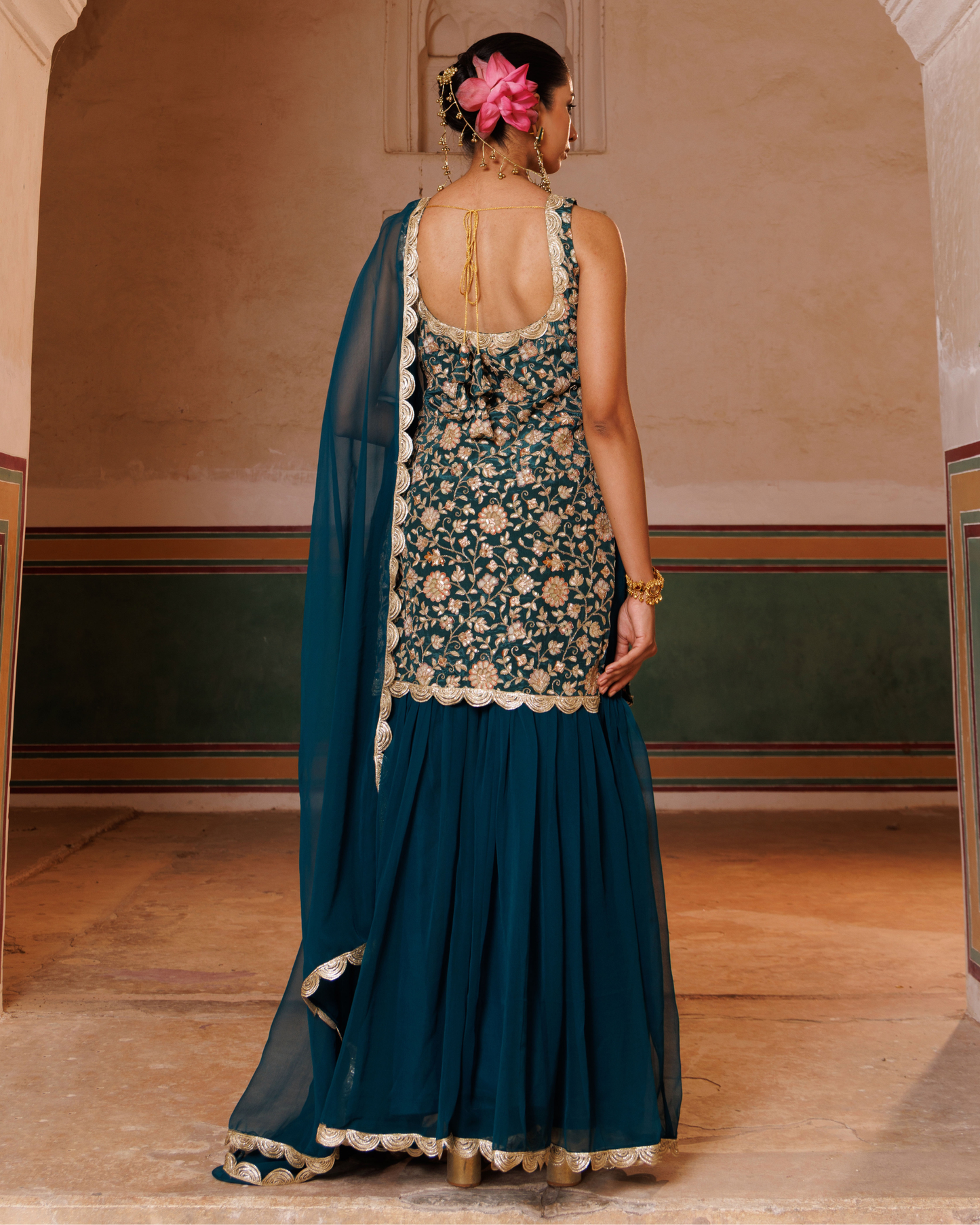 Green crepe, embroidered sharara set
