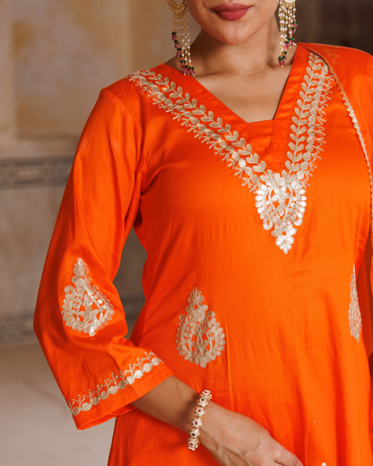 Orange cotton silk, gota patti work kurta set