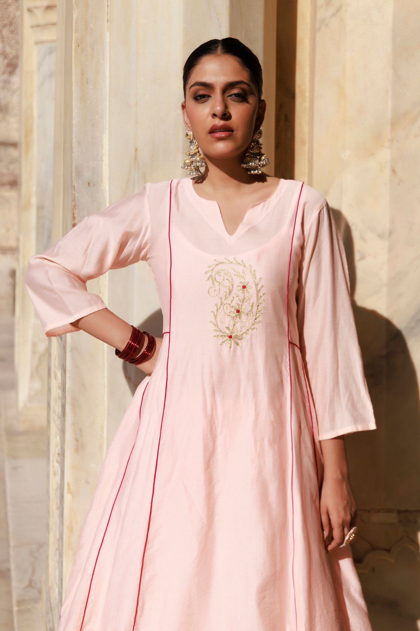 Peach Chanderi Aari Embroidered Anarkali Set