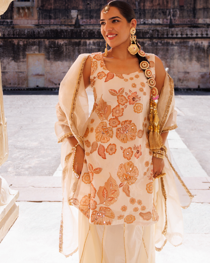 Ivory, printed crepe embroidered skirt set