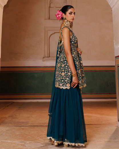 Green crepe, embroidered sharara set