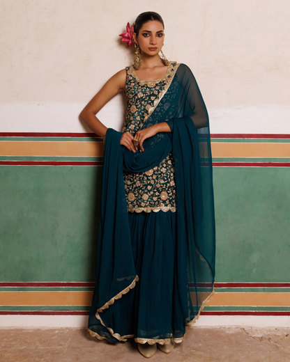 Green crepe, embroidered sharara set