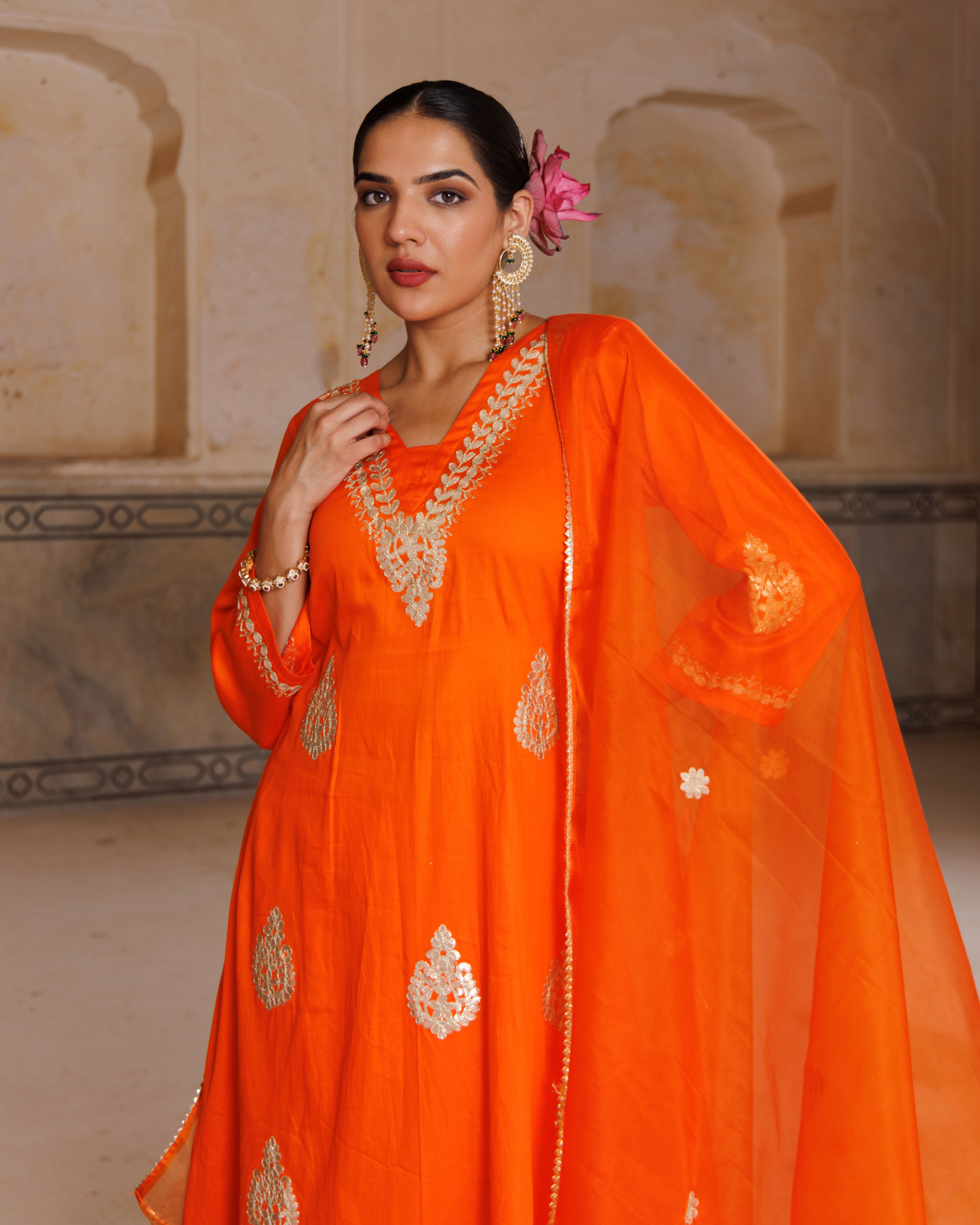 Orange cotton silk, gota patti work kurta set