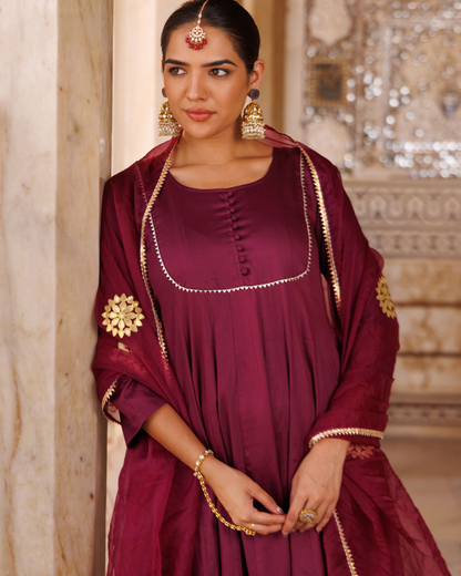 Purple cotton silk, gota patti work anarkali Set