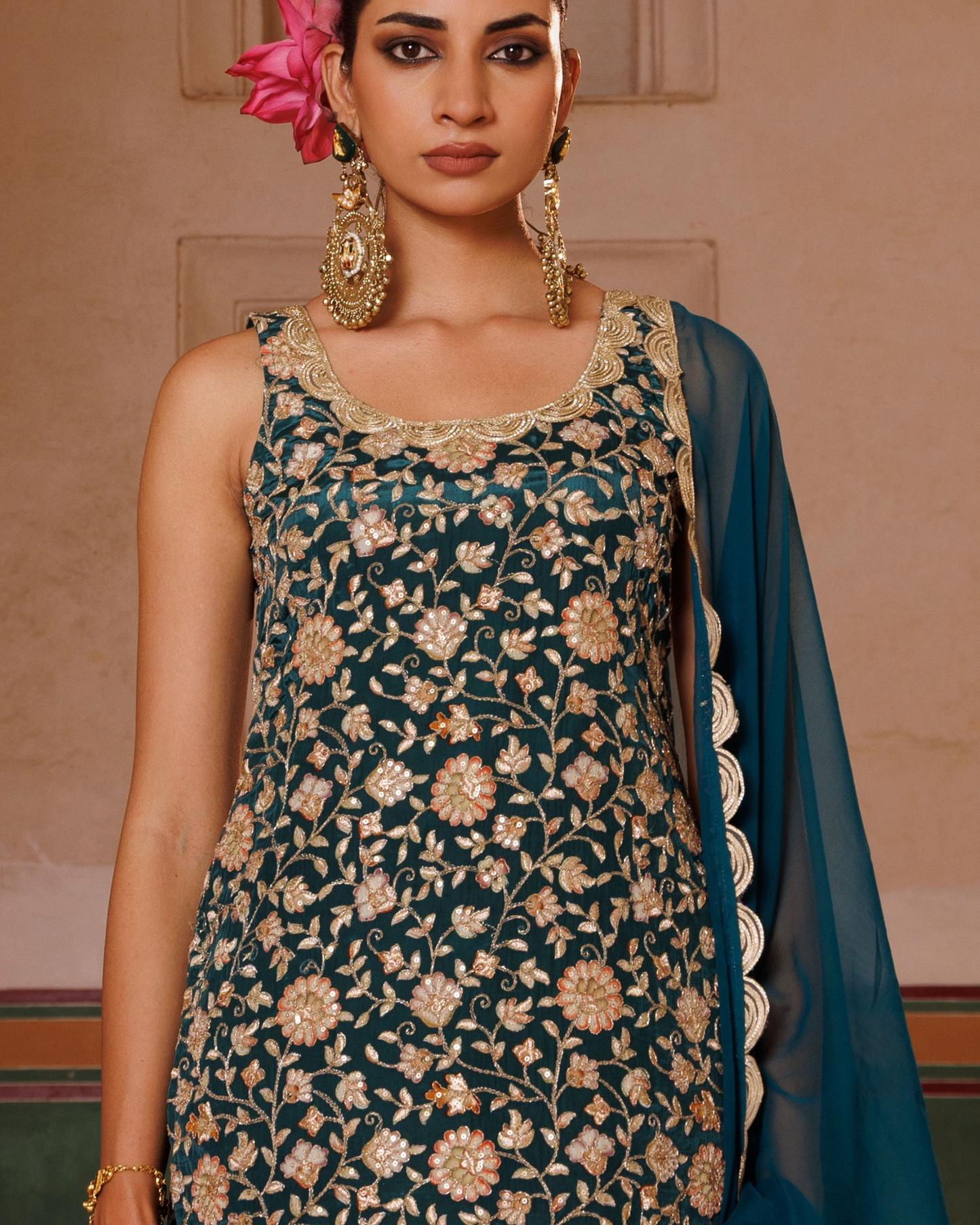 Green crepe, embroidered sharara set