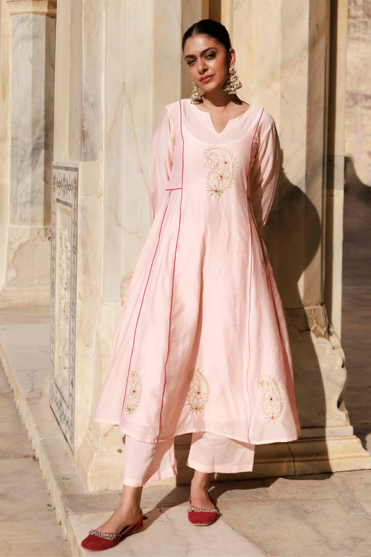 Peach Chanderi Aari Embroidered Anarkali Set