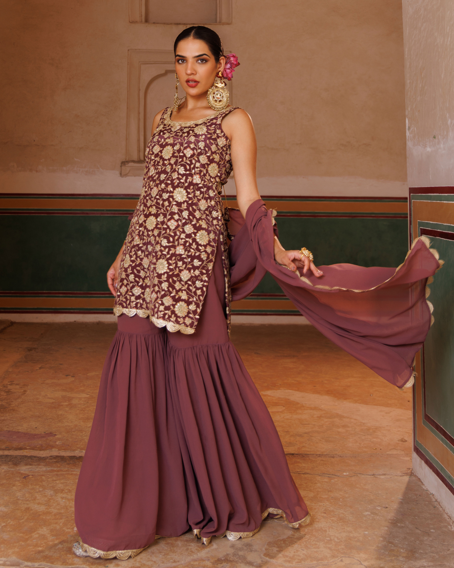 Mauve crepe, embroidered sharara set