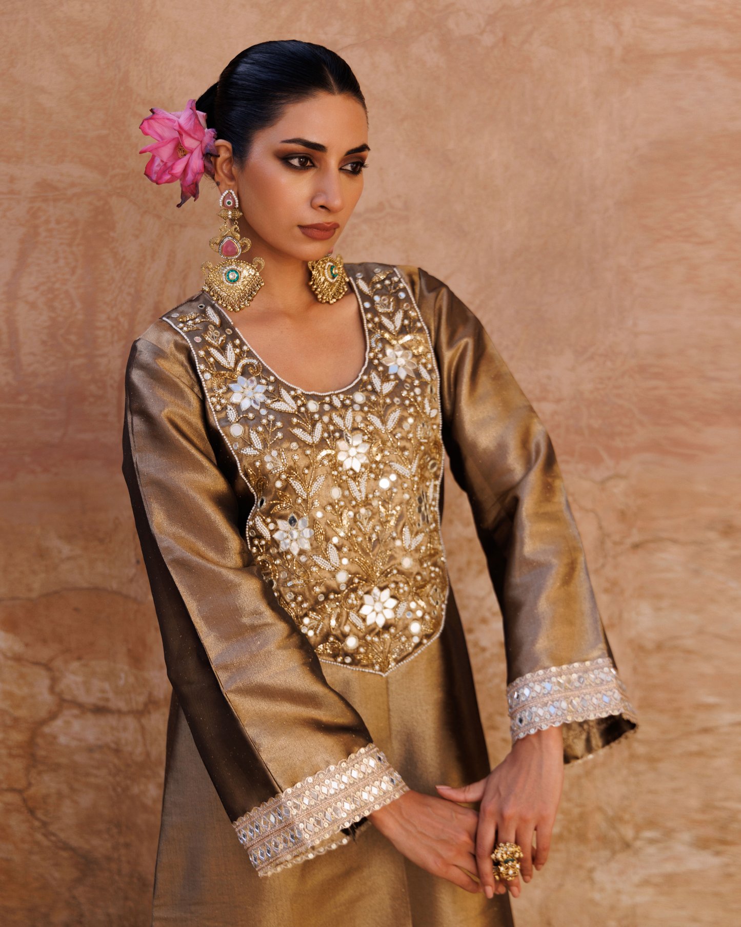Brown metallic, Hand embroidered tissue kaftan