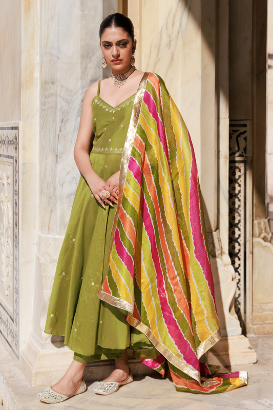 Green Aari Embroidered Dupion Silk Strapy Anarkali Set