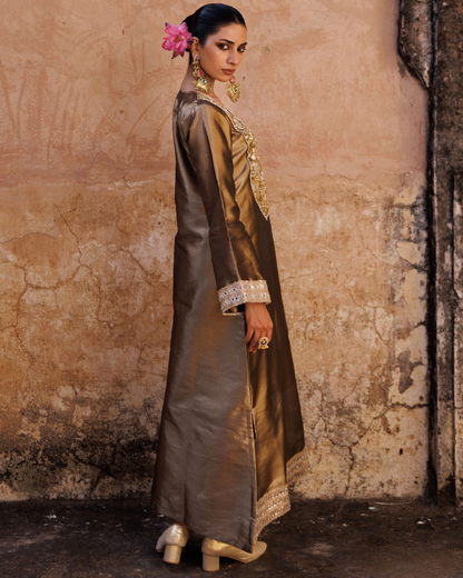 Brown metallic, Hand embroidered tissue kaftan