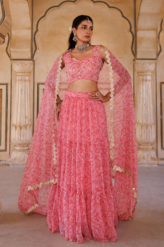 Pink Printed Chiffon Lehenga Set