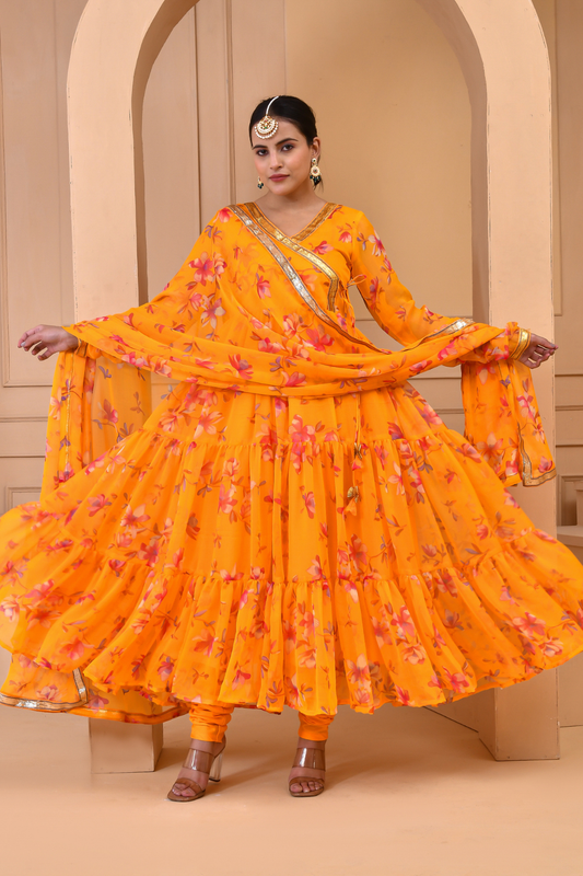 MERIGOLD PRINTED CHIFFON ANARKALI SET