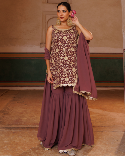 Mauve crepe, embroidered sharara set