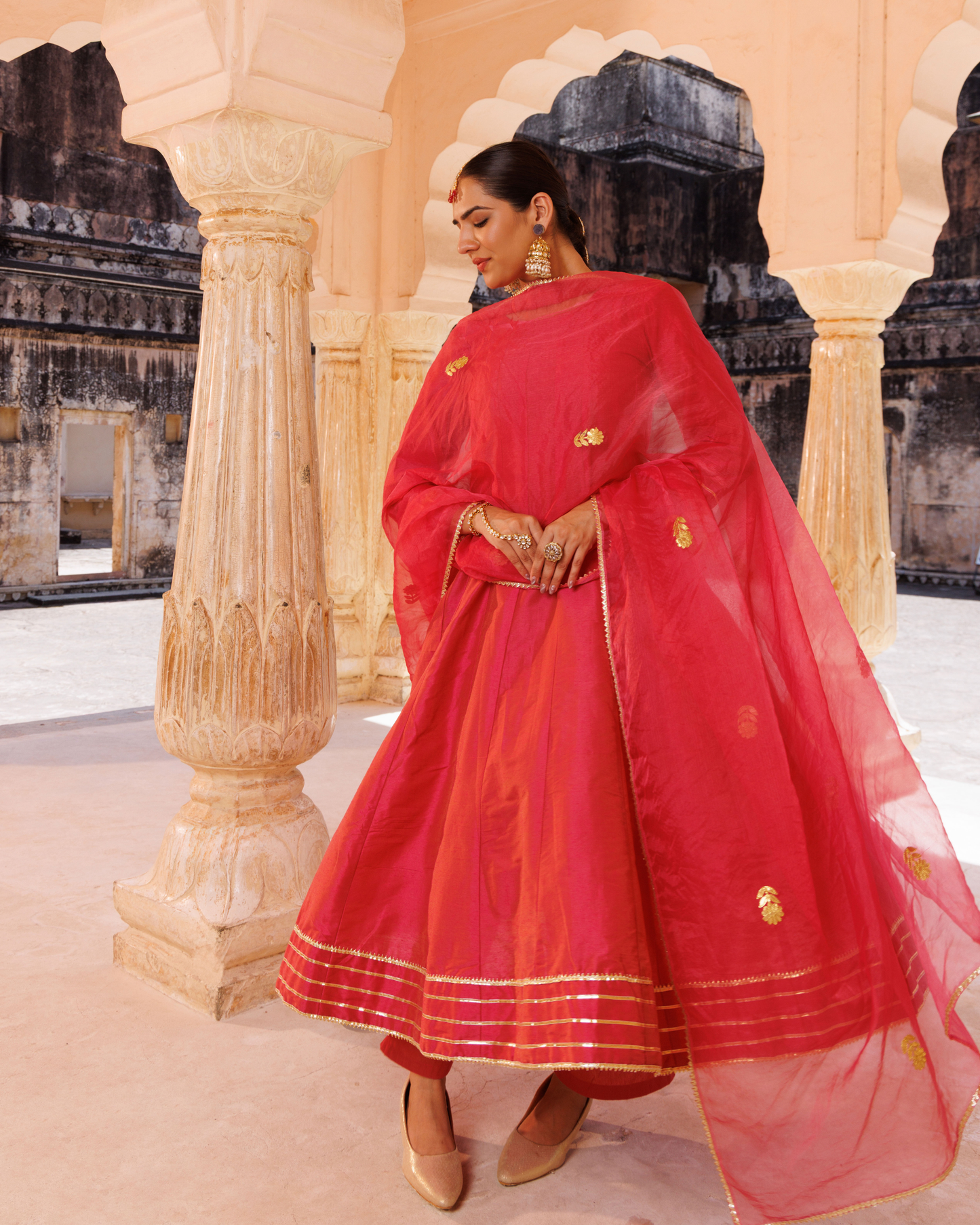 Pink raw silk, gota patti work anarkali set