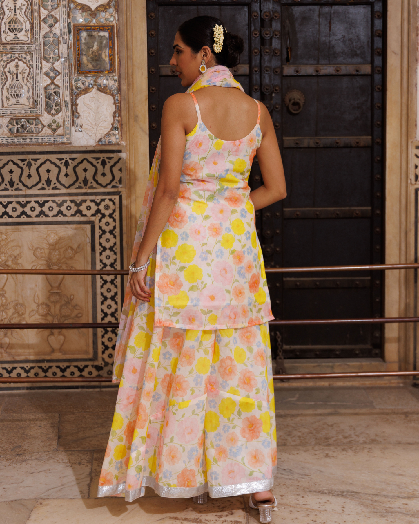 Ivory and yellow floral printed, gota patti work sharara set