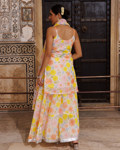 Ivory and yellow floral printed, gota patti work sharara set