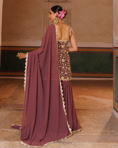Mauve crepe, embroidered sharara set
