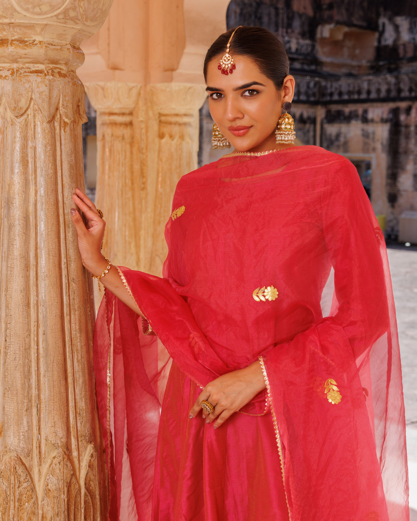 Pink raw silk, gota patti work anarkali set