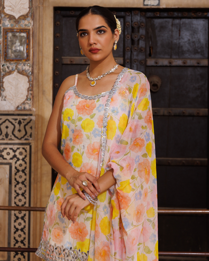 Ivory and yellow floral printed, gota patti work sharara set