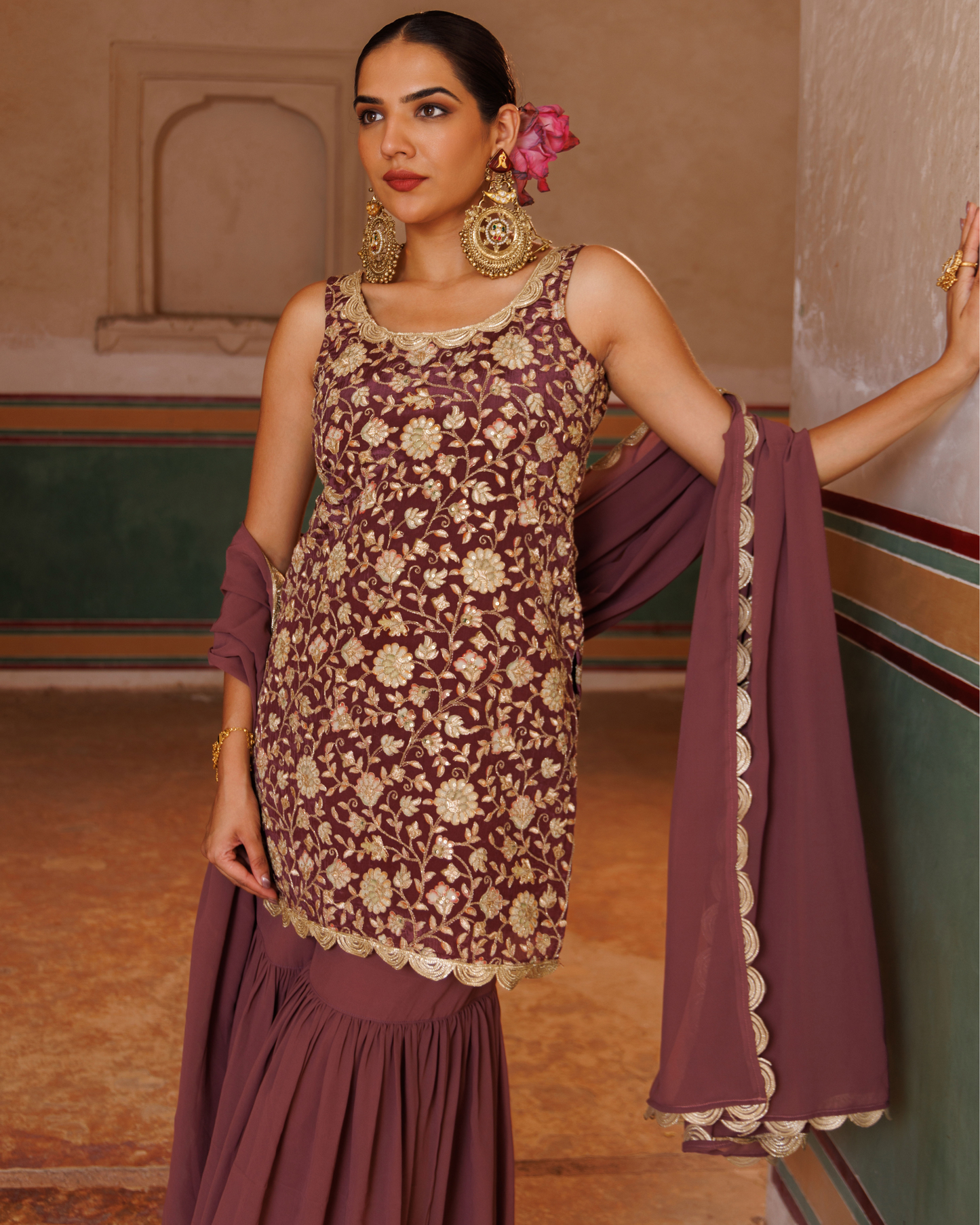 Mauve crepe, embroidered sharara set