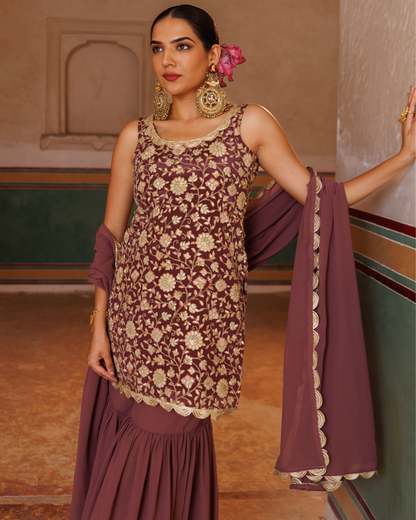 Mauve crepe, embroidered sharara set