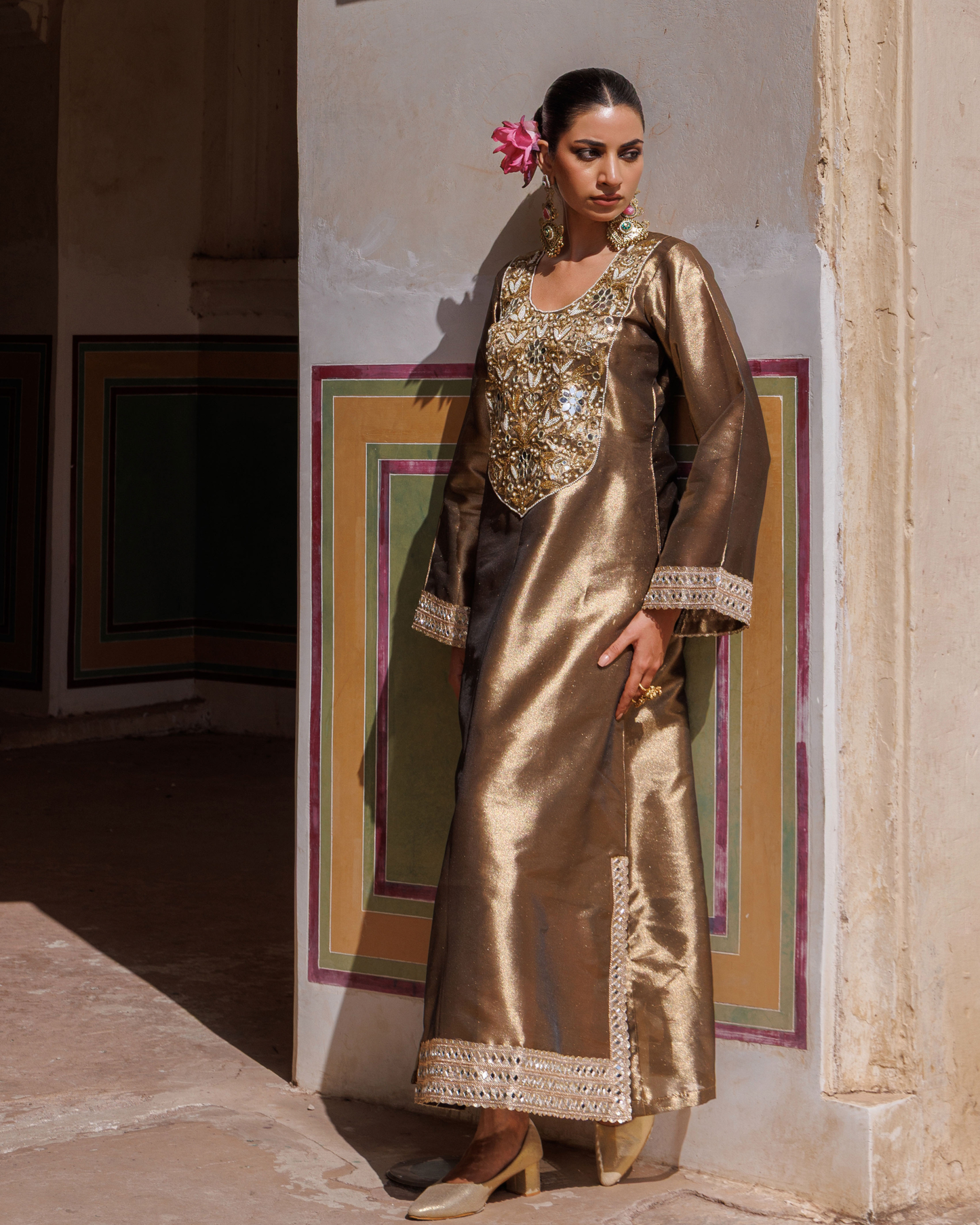 Brown metallic, Hand embroidered tissue kaftan