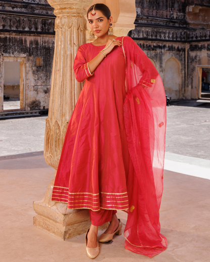 Pink raw silk, gota patti work anarkali set