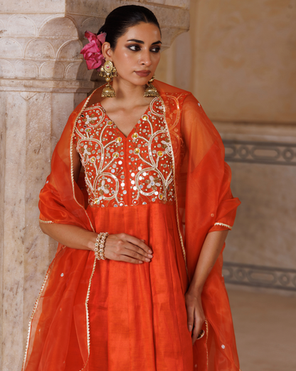 Orange Silk, hand embroidered anarkali set